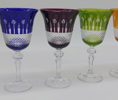 SIX colored cut crystal WATER GLASSES
H :...