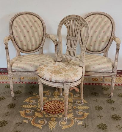 PAIRE DE FAUTEUILS en bois laqué, pieds cannelés
Style...