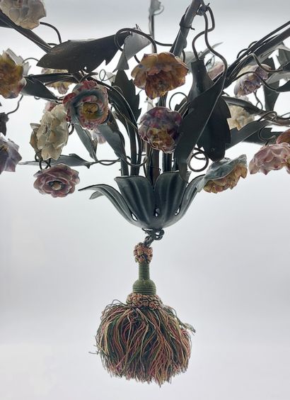 Metal chandelier with porcelain leaves and...