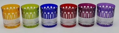 SIX WHISKY GLASSES in colored cut crystal
H...