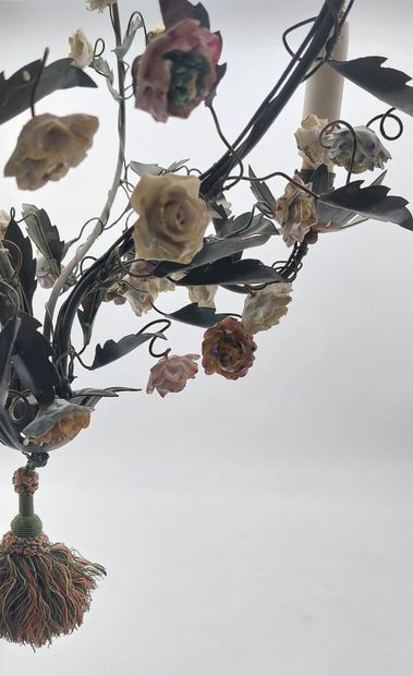 Metal chandelier with porcelain leaves and...