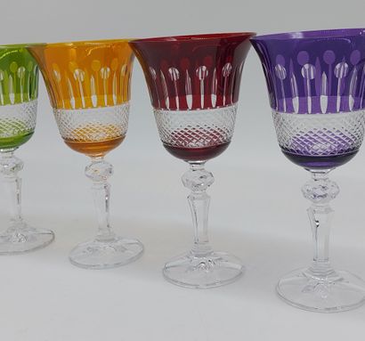 SIX colored cut crystal WATER GLASSES
H :...