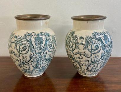 PAIR OF CACHE-POTS in cream and blue earthenware,...