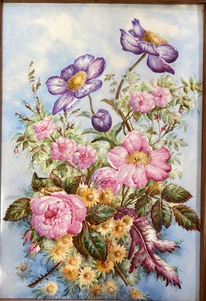 TABLEAU on porcelain with floral decoration,...