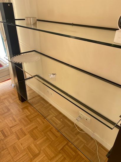 three shelves, black metal frame and glass...