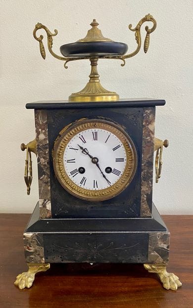 BORNE CLOCK in black marble and bronze, enamelled...