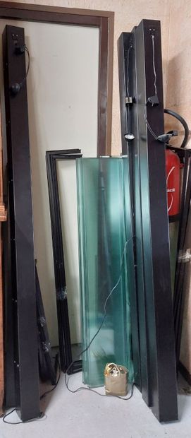 three shelves, black metal frame and glass...