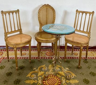 Pair of gilded wood chairs with barbed backs,...