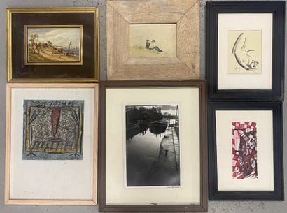 LOT including 6 works under glass (watercolor,...
