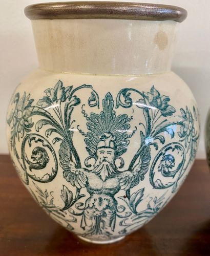 PAIR OF CACHE-POTS in cream and blue earthenware,...