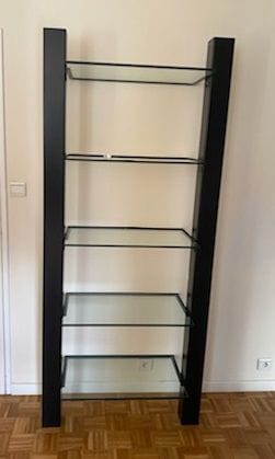 three shelves, black metal frame and glass...