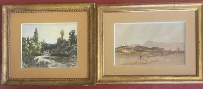 LOT comprenant 3 aquarelles 

Bord de rivière...