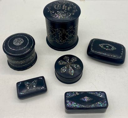 SET OF SIX SMALL BOXES in papier mâché with...
