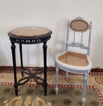 Blackened wooden GUERIDON, openwork outline,...