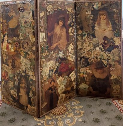 Three-leaf folding screen decorated with...