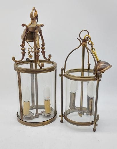 TWO brass and glass LANTERNS, two lights

H:...