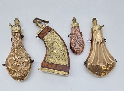 LOT OF FOUR POWDER TANKS, one in embossed...