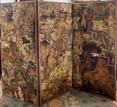 Three-leaf folding screen decorated with...