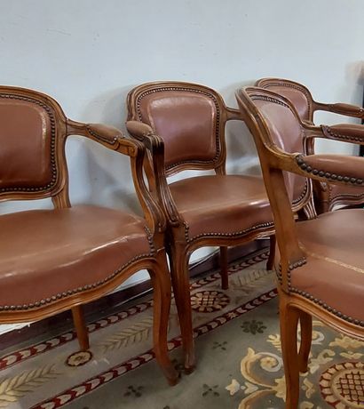 SET OF FOUR WOODEN ARMCHAIRS with leather...