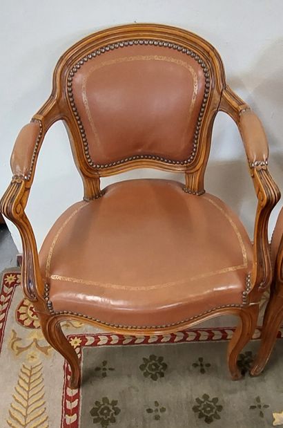 SET OF FOUR WOODEN ARMCHAIRS with leather...