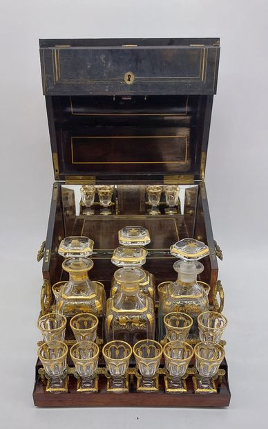 LIQUEUR CELLAR in blackened wood and brass...