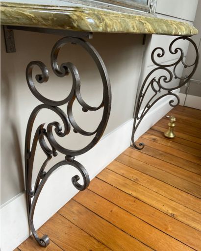 Pair of wrought-iron CONSOLES, one lacquered,...
