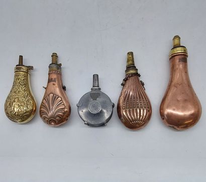 LOT OF FIVE POWDER TANKS in repoussé copper...