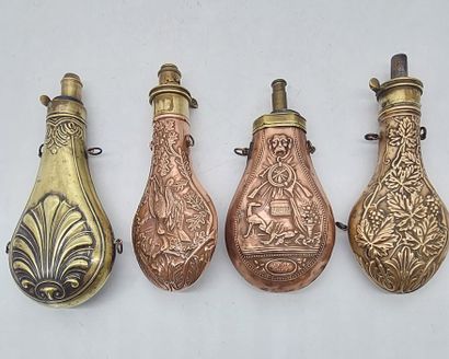 LOT OF FOUR POWDER TANKS in repoussé copper...