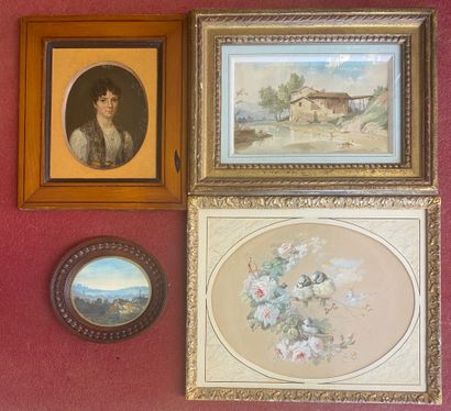 LOT comprenant :

- Portrait de femme ovale,...