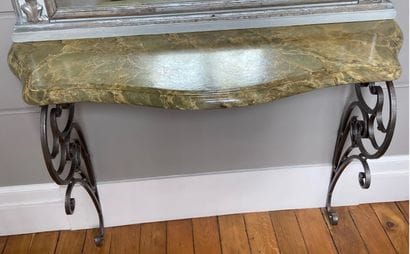 Pair of wrought-iron CONSOLES, one lacquered,...