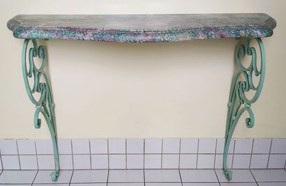 Pair of wrought-iron CONSOLES, one lacquered,...