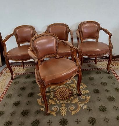 SET OF FOUR WOODEN ARMCHAIRS with leather...