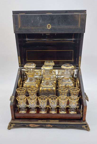 LIQUEUR CELLAR in blackened wood and brass...