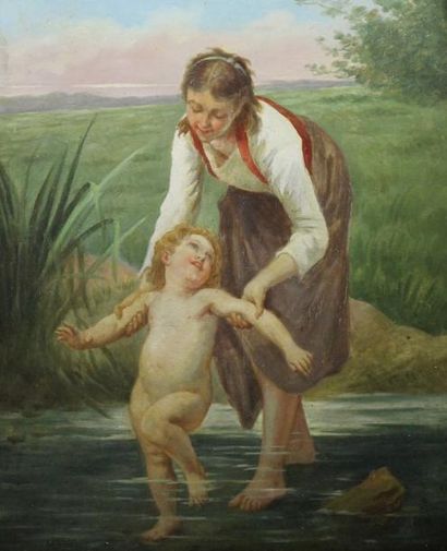 Ecole Française vers 1900
L'enfant au bain...