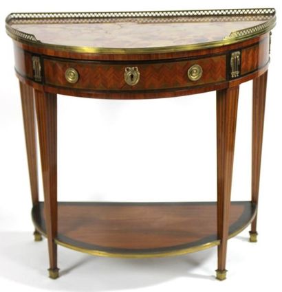 CONSOLE DEMI-LUNE en bois de placage et marqueterie...
