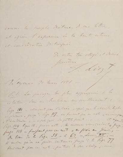 LISZT (Franz)
Lettre autographe signée, en...