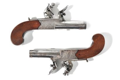 PAIR OF FLINTLOCK BOX PISTOLS.
Round barrels...