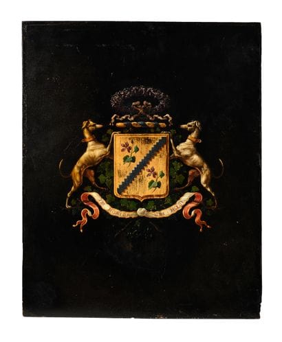 Blackened wooden PANEL painted with a coat...