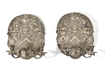 A PAIR OF TWO-ARM SILVER LIGHT PLATES, each...