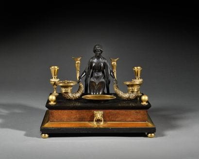 Beautiful inkwell in patinated bronze, gilt...