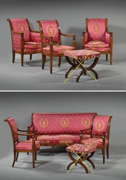 Suite of two bergères, three armchairs and...