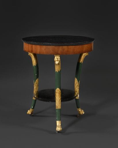 Circular mahogany table,
painted and gilded...