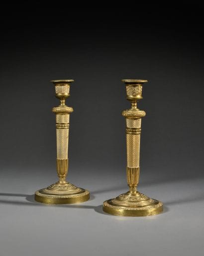 Pair of torches
in gilt bronze,
with guilloché...
