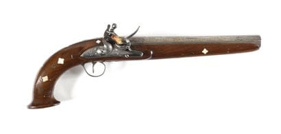 Pistolet d’arçon à silex.
Canon à pans entièrement...
