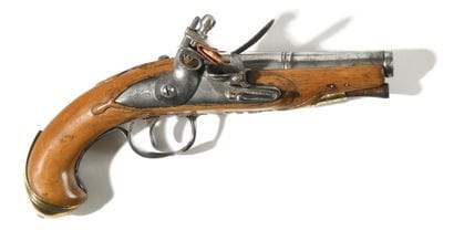 Pistolet à silex.
Canon rond, à pans au tonnerre,...