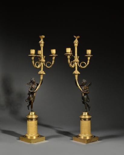 Pair of three-light candelabra
with antique...