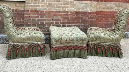 PAIR OF CHAUFFEUSES matched with a POUF upholstered...