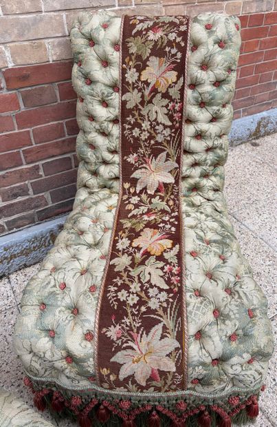 PAIR OF CHAUFFEUSES matched with a POUF upholstered...