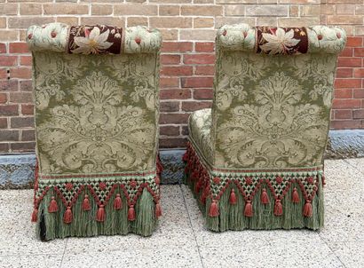 PAIR OF CHAUFFEUSES matched with a POUF upholstered...
