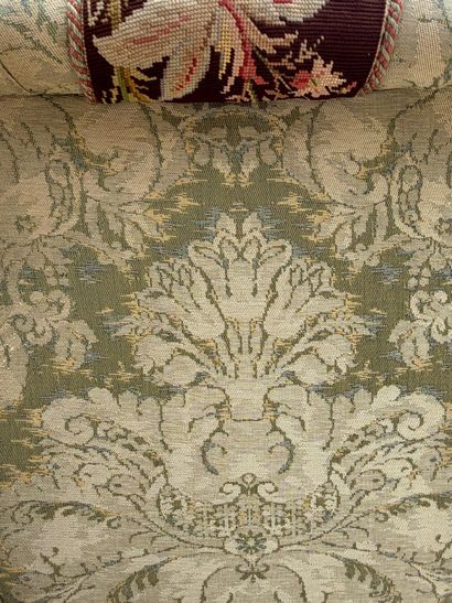 PAIR OF CHAUFFEUSES matched with a POUF upholstered...